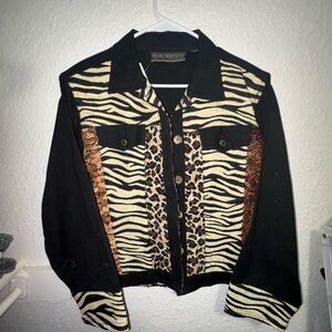 New Identity Black and Animal Print Jean Jacket
